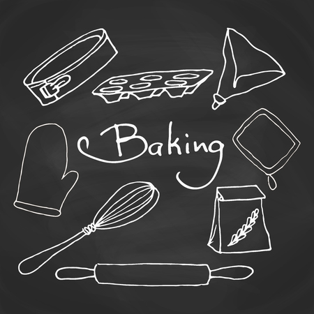 Hand drawn baking equipment. Kitchen tools design. Vector stuff for baking on a chalkboard.のイラスト素材