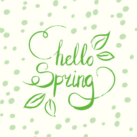 Hello spring tag. Vector ink lettering. Modern brush calligraphy. Hand drawn card design with green dots and leaves.のイラスト素材