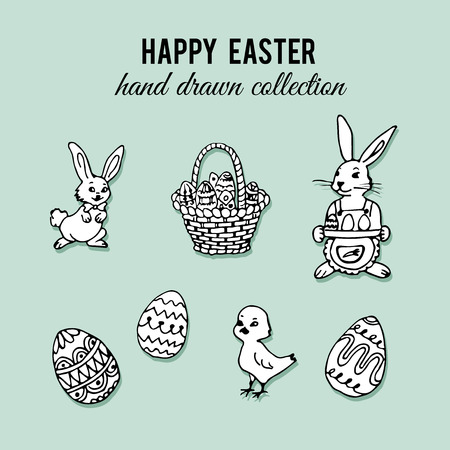 Happy easter set. Hand drawn easter elements illustration. Easter rabits and eggs. Doodle easter elements.のイラスト素材