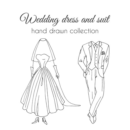 Wedding dress and suit illustration. Sketchy style.  bride and groom ceremony wear design. Wedding clothes set.のイラスト素材