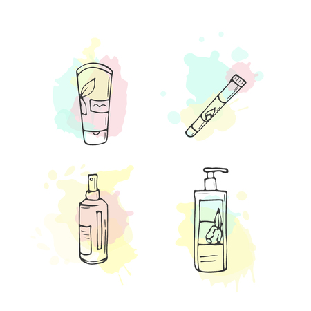 Organic cosmetics illustration. Vector cosmetic bottles. Doodle skin care items. Hand drawn set. Herbal lotion. Bio cream. Women make up icons.のイラスト素材