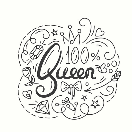 Queen Typography Design. Lettering print for t-shirt design in line art style. Lovely greeting card. Vector illustration with modern calligraphy.のイラスト素材