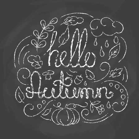 Hello Autumn Card with lettering. Chalk quote on blackboard background. Hand drawn Autumn typographics design. Greeting card with fall elements Line art style Vector illustration Modern calligraphyのイラスト素材