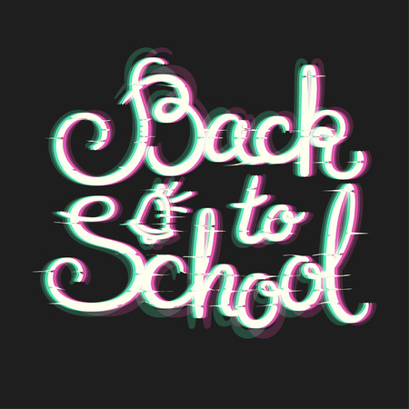 Back to School Card with Glitch Effect. School Themed Text in Glitch Art Style. Distortion lettering poster. Vector Illustration.のイラスト素材