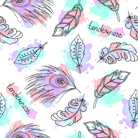 Hand drawn feathers seamless pattern. Vector ethnic print with colorful paint splatter. Sketchy feather with ornate decoration. Boho chic illustration. Bohemian print.のイラスト素材