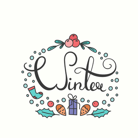 Winter Poster with Lettering. Typographic Background with Winter Season Greetings. Snowflakes in Line Art Style. Illustration for Congratulation Card and Print.のイラスト素材