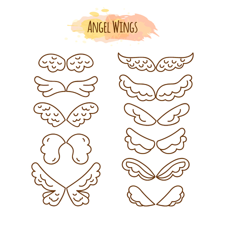 Angel Wings in Line Style. Wing Design Collection. Hand Drawn Set. Vector Illustration.のイラスト素材