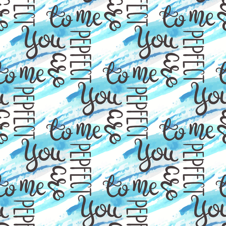 Romantic quote seamless pattern. Love text for valentine day. Greeting card design. Watercolor background isolated on white. Hand lettering typography. Vector illustration.のイラスト素材