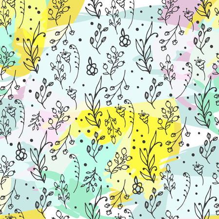 Floral seamless pattern. Herbs and wild flowers print. Collorful splashes hand sketched floral collection. Lovely flowers and leaves branches vector illustration.のイラスト素材
