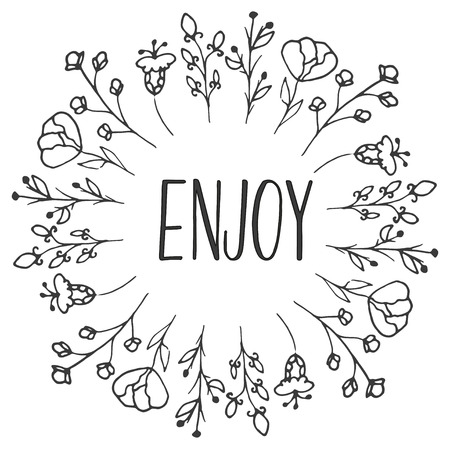 Herbal frame Enjoy. Organic herbs and wild flowers. Hand sketched illustration. Flower and leaves branches. Floral vector design.のイラスト素材