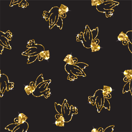 Gold seamless pattern with pigeon. Dove and hearts. Glittering background.のイラスト素材