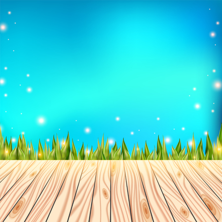 Summer background with wooden deck. Wood floor over green grass and blue sky. Abstract vector illustration.のイラスト素材