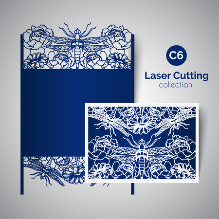 Laser cut invitation with dragonfly and flowers. Floral envelope for cutting.のイラスト素材