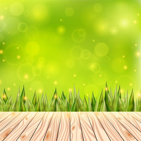 Summer background with wooden deck. Wood floor over green grass and blue sky. Abstract vector illustration.のイラスト素材