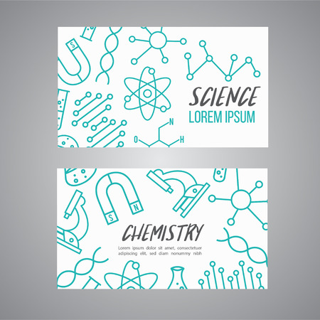 Science, chemistry cards set. Research outline icon. Tiny line vector elements. Laboratory and education brochure.のイラスト素材