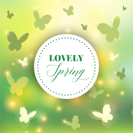 Spring background. Bokeh vector design. Abstract Greeting Card. Beautiful Blurred Lights with Butterfliesのイラスト素材