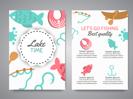 Fishing brochure. Fish menu Banners with quotes about fishing. Flat fish icons, with net or rod. Salmon steak and boat, fisher tackles, baits Vector illustration.のイラスト素材