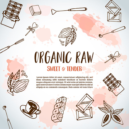 Hot cacao background Chocolate card. Design for restaurant, shop, confectionery. Organic raw cocoa beans candy bar. Vector illustration.のイラスト素材