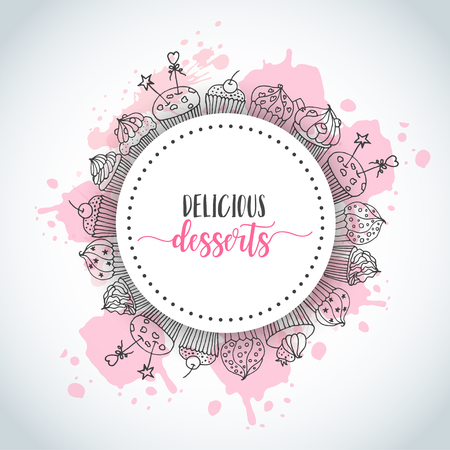 Cupcake background with hand-drawn cupcakes and pink splashes. Sweet pastry slogan. Vector illustration.のイラスト素材
