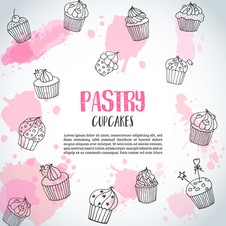 Cupcake background with handdrawn cupcakes and pink splashes. Pastry slogan. Vectorのイラスト素材