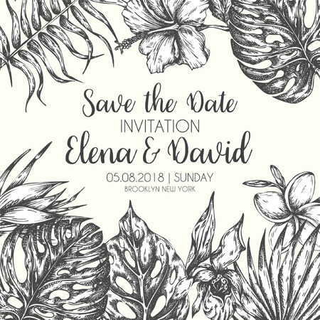 Save the Date Tropical Leaves Trendy Summer Background Wedding Invitation with tropic palm leaf Vectorのイラスト素材