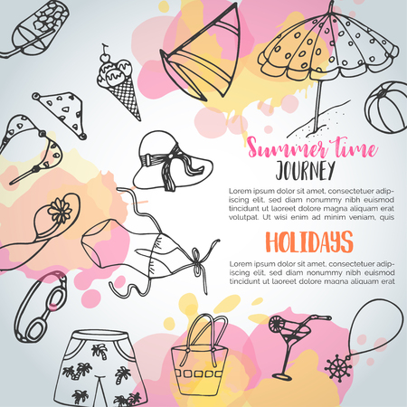 Summer hand drawn background. Beach doodle elements. Vacation and trevel to the sea Sketch Vectorのイラスト素材