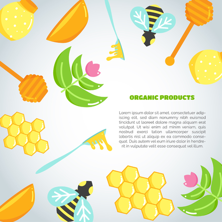 Honey Background with flat honey elements. Poster with bee, beehive, jar, honeycomb. Vectorのイラスト素材