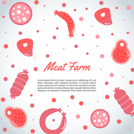 Background with meat products. Flat meat farm elements. Butcher promo banners, cards, brochure, sale, promotion. Vectorのイラスト素材