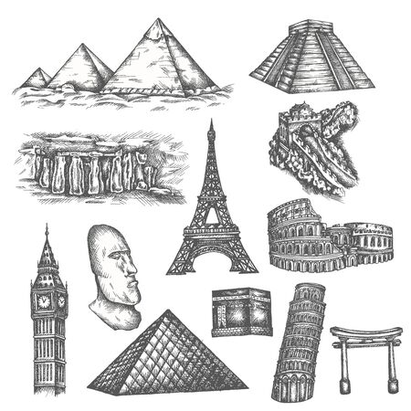 Attractions of the world in sketch style. Famous sights of the world. Travel set with pyramids, eiffel tower, colosseum and stonehenge. Vector line illustrations isolated on whiteのイラスト素材
