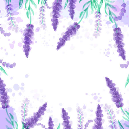 Lavender background with flowers. Watercolor imitation design with paint splashes illustration Provence style. Card with borderのイラスト素材