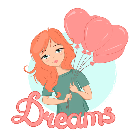 vector illustration of a cute girl with ginger hair holding balloonsのイラスト素材