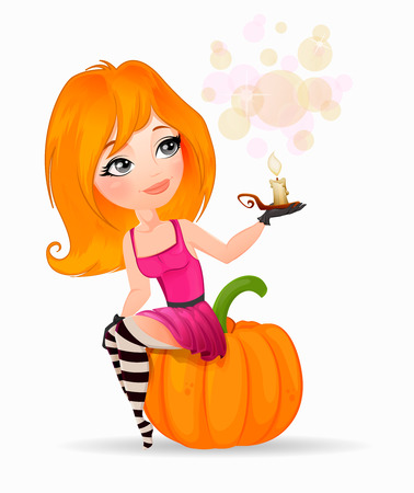 Beautiful witch girl sitting on a pumpkin, holding a candle in her hand, white background. Happy Halloween, vector illustrationのイラスト素材