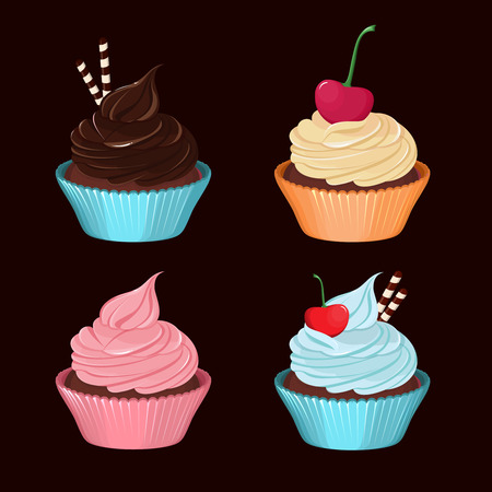 Cupcakes. Set of vector tasty cupcakes with cream.のイラスト素材