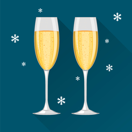Two champagne glasses on dark blue background and with snowflakes. Concept  illustration. Happy New Year and Merry Christmas celebration.のイラスト素材