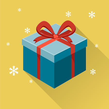 Gift box with ribbon and bow on yellow background with snowflakes. Modern flat illustrationのイラスト素材