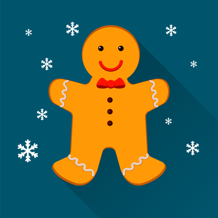 Gingerbread man. Christmas cookies, isolated on blue background with snowflakes. illustrationのイラスト素材
