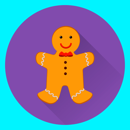 Merry Christmas and Happy New Year. Gingerbread man. Christmas cookies, isolated on violet and blue background. Flat illustrationのイラスト素材