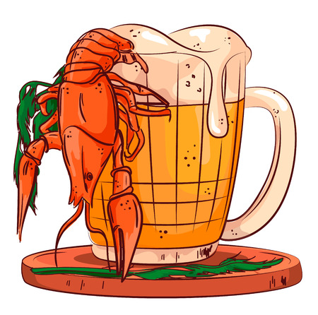 Mug of fresh cold beer with foam and boiled tasty crawfish. Vector illustration.のイラスト素材