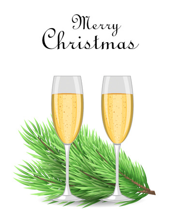 Merry Christmas and Happy New Year postcard. Realistic Christmas tree branch and two glasses of champagne. Usable as a background or design element. Vector illustration.のイラスト素材