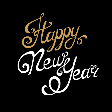 Happy New Year lettering, handmade calligraphy. Holiday vector Illustration. White and golden letters on black backgroundのイラスト素材