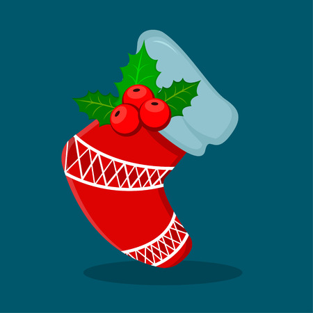 Empty Christmas sock with holly berry isolated on blue. Decorative red stocking. Vector illustration for Christmas, New Year, winter holiday. Modern flat style.のイラスト素材