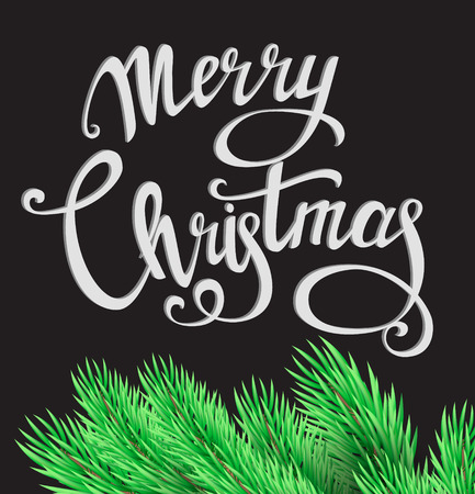Merry Christmas beautiful lettering, handmade calligraphy. White letters and fir tree branch on black background. Vector Illustration for winter holidays. Calligraphy, font style, bannerのイラスト素材