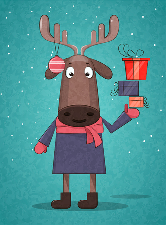 Cute Christmas deer holding presents for Christmas and New Year on blue background. Creative cartoon style. Can be used as a postcard, placard, poster or print. Flat design. Vector illustration. EPS10のイラスト素材