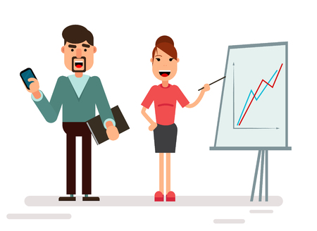 Businessman and businesswoman characters standing with strategy presentation income chart, isolated on white. Geometric people. Modern styleのイラスト素材