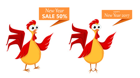 Two crazy cartoon red roosters. Funny roosters on white background. Cock, domestic animal. Symbol on New Year 2017のイラスト素材