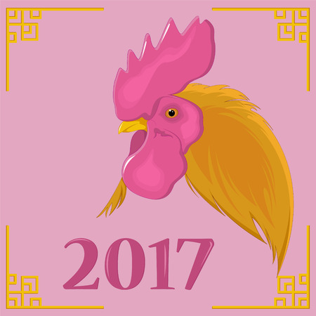 Red fire rooster - symbol of New Year 2017 in Chinese calendar. Rooster, cock. Vector illustration of rooster, cock on pink background. Design element greeting cardsのイラスト素材