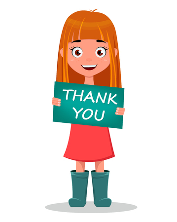 Cute funny smiling cartoon girl holding sign "Thank You". Vector Illustrationのイラスト素材
