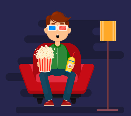 Young man sitting in comfortable armchair at home and watching movie in 3D glasses. Popcorn, soda, relax. Colorful cartoon vector Illustration, flat style.のイラスト素材