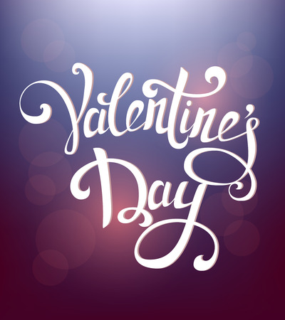 Happy Valentine's Day hand drawn vintage lettering on blurred purple light background. Usable as background, poster or greeting card. Vector illustration.のイラスト素材