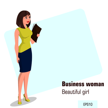 Young cartoon businesswoman in office dress holding document case. Beautiful brunette girl preparing for meeting. Isometric business woman with 3D effect for infographic, design element. Vectorのイラスト素材